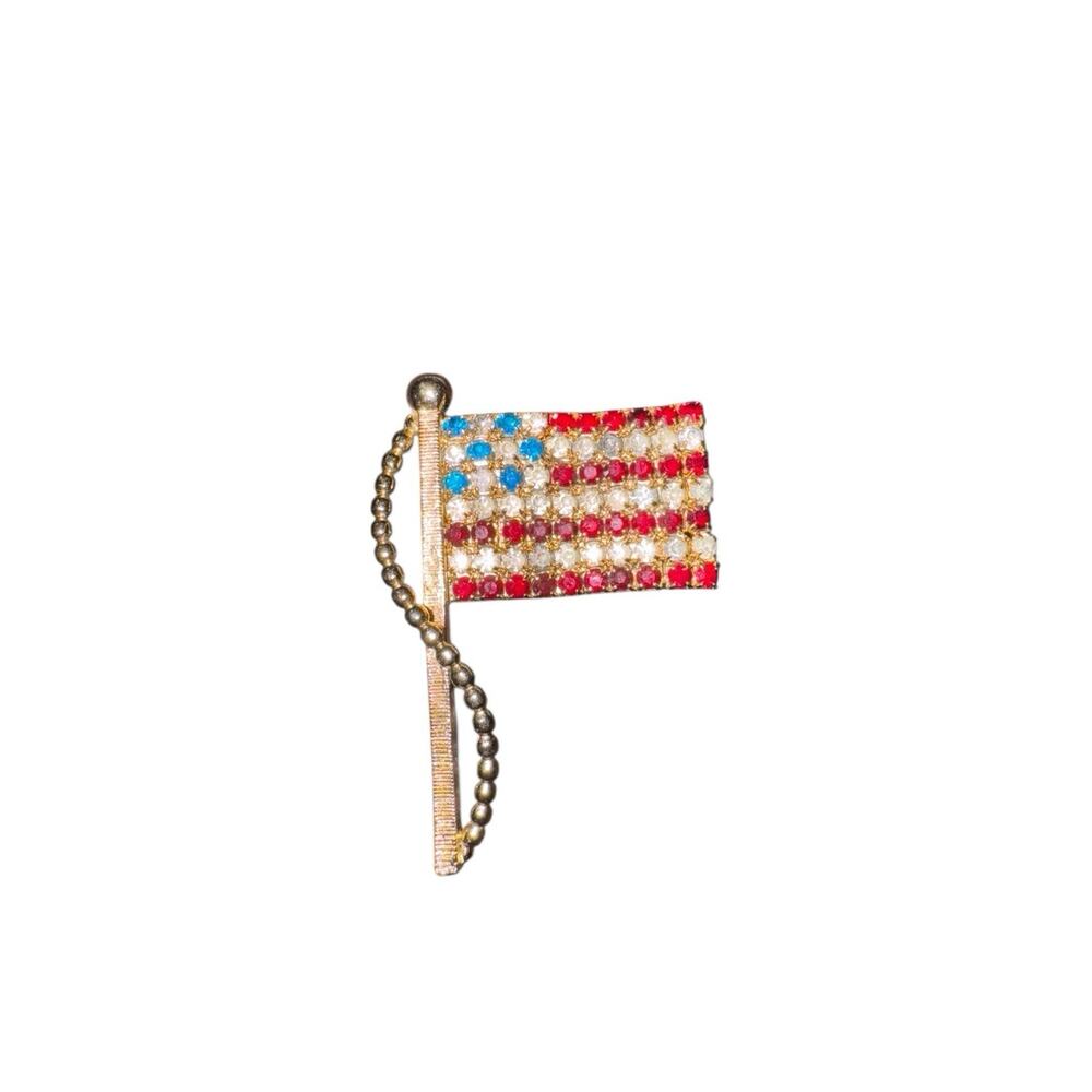 Vintage Rhinestone American‎ Flag Brooch Patriotic USA Pin Costume Jewelry 4th